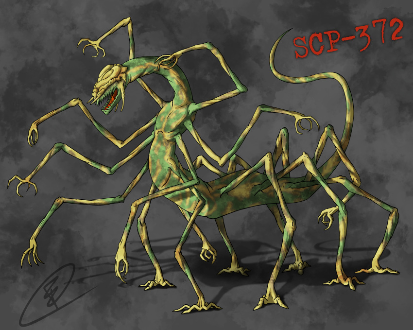 2022 2_horns 4_fingers 4_toes absurd_res ambiguous_gender character_name chimericecho clip_studio_paint_(artwork) colored digital_media_(artwork) digital_painting_(artwork) english_description eyeless facial_horn feet feral fingers front_view full-length_portrait green_body green_tail green_teeth grey_background hi_res horn horror_(theme) long_body male mandibles markings monster mottled multi_arm multi_leg multi_limb number portrait red_text scp-372 scp_foundation shaded shadow signature simple_background solo stripes tail teeth text three-quarter_portrait toes yellow_horn yellow_markings yellow_stripes zygodactyl