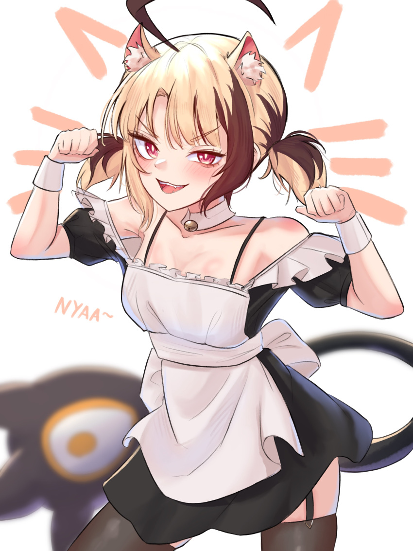 >:) :3 absurdres ahoge animal_ears apron bare_shoulders bell black_dress blonde_hair breasts brown_hair cat_ears claw_pose collarbone detached_collar dress female garter_straps gigi_murin highres hololive hololive_english maid neck_bell nurizza_ilst red_eyes short_twintails simple_background small_breasts solo thighhighs twintails v-shaped_eyebrows white_background wrist_cuffs