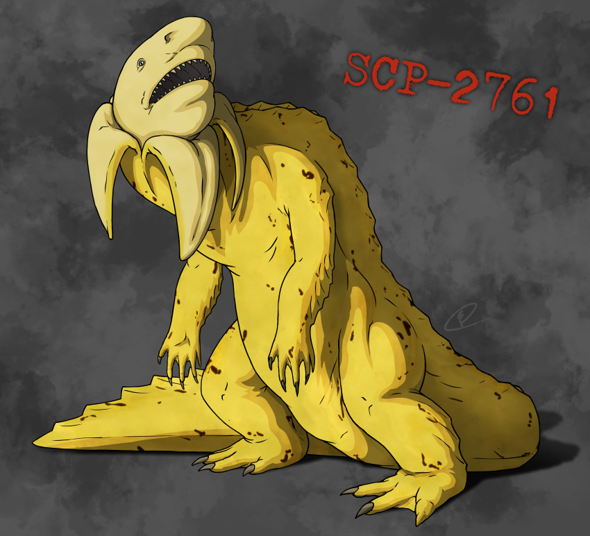 2022 4_claws 4_toes 5_claws 5_fingers absurd_res alligator alligatorid ambiguous_gender american_alligator banana banana_peel black_eyes brown_claws brown_markings brown_spots bull_shark carcharhinus character_name chimericecho claws clip_studio_paint_(artwork) colored crocodilian digital_media_(artwork) digital_painting_(artwork) dorsal_ridge elemental_creature english_description feet feral fingers fish flora_fauna food food_creature frill_(anatomy) fruit grey_background head_turned hi_res horror_(theme) hybrid kaiju living_fruit marine markings membrane_(anatomy) neck_frill number on_hind_legs open_mouth plant quadruped red_text reptile requiem_shark scalie scp-2761 scp_foundation shaded shadow shark signature simple_background snout solo spots tail tan_teeth teeth text thick_tail thick_thighs toes webbed_feet webbed_hands yellow_body yellow_frill yellow_membrane yellow_skin yellow_tail