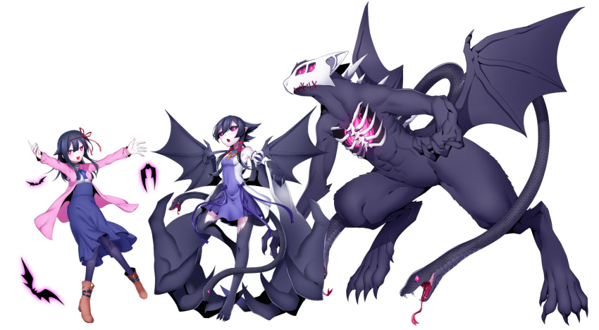 bat_(animal) black_hair black_sclera blue_skirt boots breasts claws coat colored_sclera commentary_request detached_sleeves dress evolution extra_tails female full_body highres long_hair looking_at_viewer low_wings monster multiple_views original pink_coat pink_dress pink_eyes rtsusk09 simple_background skirt small_breasts snake_head_tail tail white_background wings