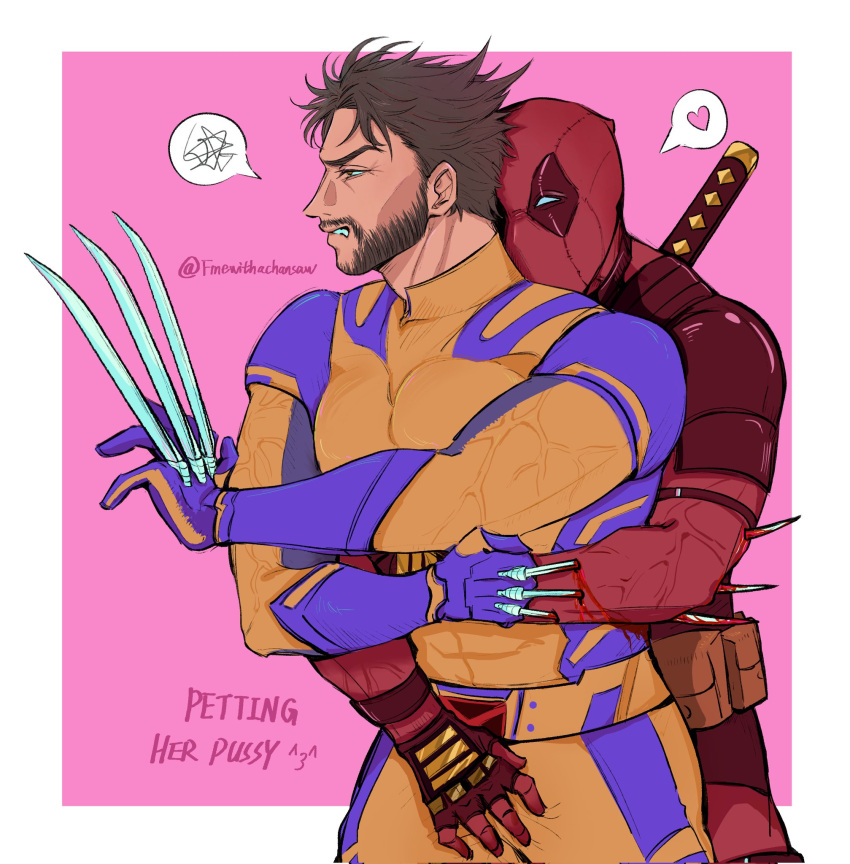 2boys animification beard bodysuit brown_hair claw_(weapon) deadpool deadpool_&_wolverine deadpool_(series) facial_hair fmewithachansaw hand_on_another's_crotch hashtag-only_commentary heart highres hug hug_from_behind impaled katana male_focus marvel marvel_cinematic_universe mask multiple_boys muscular muscular_male pectorals pink_background red_bodysuit red_mask short_hair spoken_heart spoken_squiggle squiggle stab superhero_costume sword sword_on_back teeth twitter_username two-tone_bodysuit v-shaped_eyebrows weapon weapon_on_back wolverine_(x-men) yaoi yellow_bodysuit