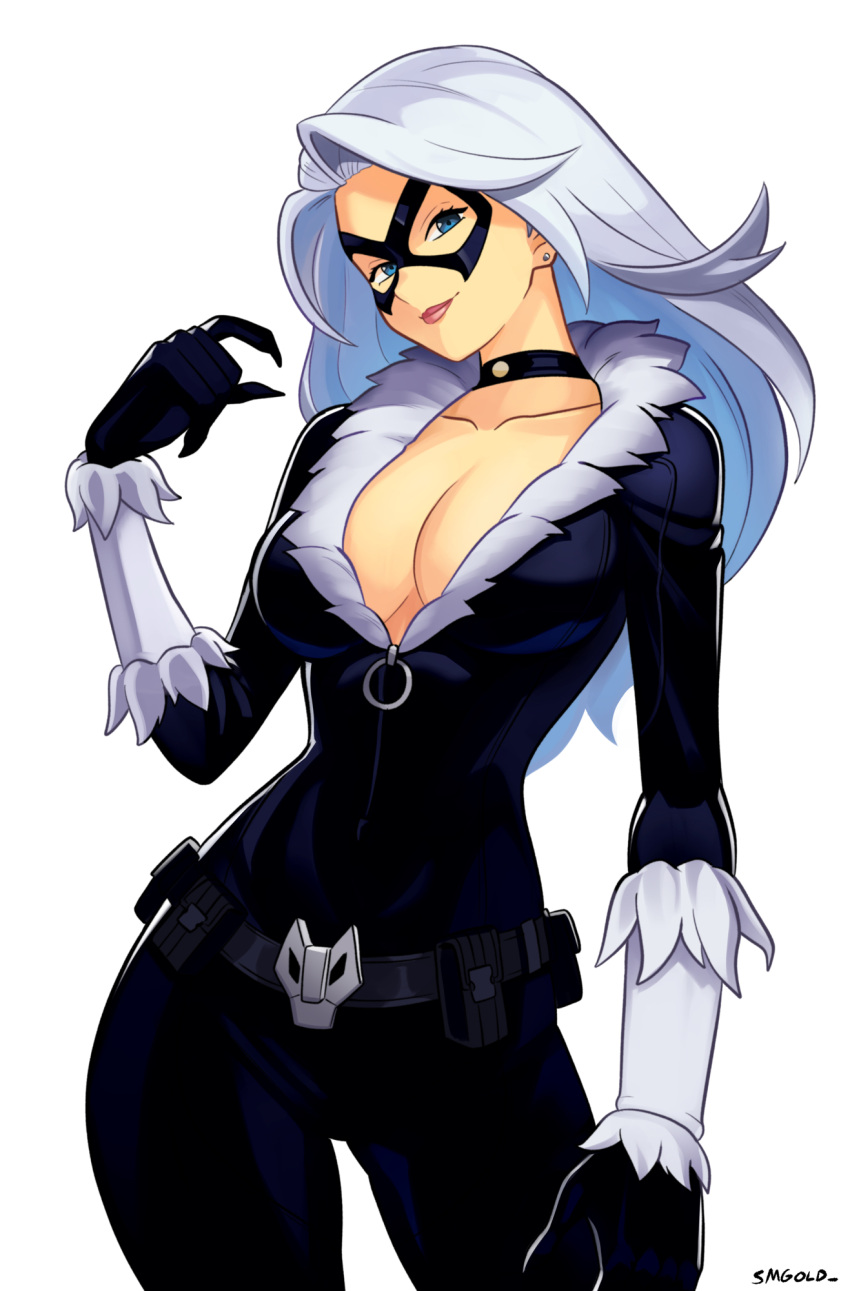 artist_name black_bodysuit black_cat_(marvel) blue_eyes bodysuit breasts choker cleavage collarbone domino_mask earrings felicia_hardy female fur-trimmed_bodysuit fur_trim highres jewelry large_breasts lips long_hair looking_at_viewer marvel mask simple_background smgold solo spider-man_(series) white_background white_hair