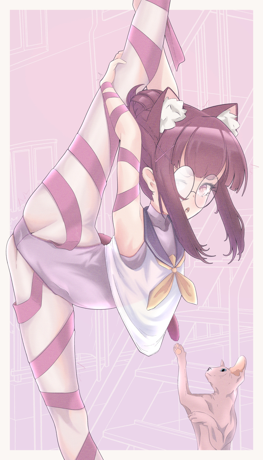 absurdres animal_ear_fluff animal_ears arm_ribbon ass athletic_leotard brown_hair cat_ears commission fallenshadow feline female flexible glasses groin hair_bun highres indie_virtual_youtuber leg_hold leg_lift leg_ribbon leg_up legs leotard long_hair open_mouth pantyhose pettan_(zeez4743) pink_eyes pink_leotard pixiv_commission ribbon school_uniform serafuku shirt sleeveless sleeveless_shirt split standing standing_on_one_leg standing_split thigh_ribbon thighs virtual_youtuber white_pantyhose white_shirt