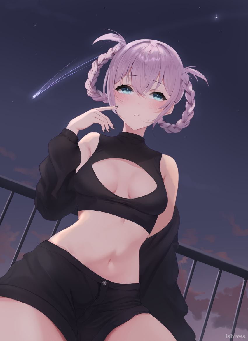 absurdres bare_shoulders black_jacket black_nails black_shorts blush braid breasts breasts_apart closed_mouth crop_top female hand_up highres jacket long_sleeves nail_polish nanakusa_nazuna_(yofukashi_no_uta) navel night night_sky open_clothes outdoors pink_hair railing shooting_star short_shorts shorts sky small_breasts star_(sky) starry_sky thighs twin_braids