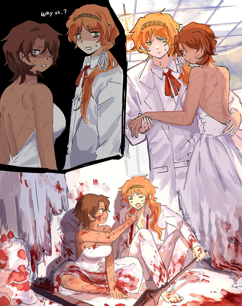 1boy bare_back blood blood_on_clothes blood_on_face brown_hair brown_hairband cake closed_eyes dancing dress female food genderswap_(ftm) genderswap_(mtf) hair_ribbon hairband heathcliff_(project_moon) highres holding holding_mace holding_weapon ishmael_(project_moon) limbus_company long_hair low_ponytail mace ngancurindunia open_mouth orange_hair parted_bangs project_moon purple_eyes recursive_genderswap ribbon rope rule_63 short_hair smile strapless strapless_dress weapon white_dress white_ribbon