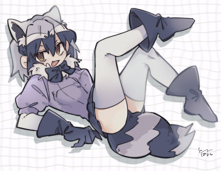 animal_ears black_bow black_bowtie black_footwear black_gloves black_hair black_skirt blush boots bow bowtie brown_eyes common_raccoon_(kemono_friends) elbow_gloves extra_ears female fur_collar gloves grey_gloves grey_hair grey_thighhighs hair_between_eyes highres kemono_friends multicolored_hair open_mouth pleated_skirt puffy_short_sleeves puffy_sleeves purple_sweater raccoon_ears raccoon_girl raccoon_tail short_sleeves sidelocks sitting skirt smile solo sweater tail thighhighs tokori white_fur white_hair zettai_ryouiki