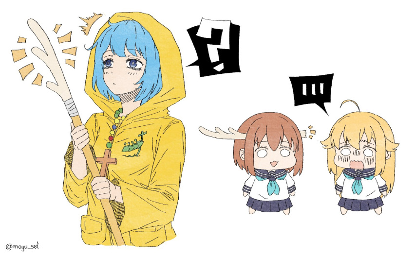 :3 ahoge antlers aqua_neckerchief bead_necklace beads blonde_hair blue_eyes blue_hair blue_neckerchief blue_sailor_collar brown_hair cane catholic cross cross_necklace deer deer_antlers deer_girl holding holding_cane hood hood_up horns jewelry jubilee_2025 koshi_torako latin_cross long_hair long_sleeves luce_(jubilee_2025) mayu_set multiple_girls neckerchief necklace olive_branch open_mouth raincoat rosary sailor_collar school_uniform serafuku shikanoko_noko shikanoko_nokonoko_koshitantan shirt short_hair simple_background skirt smile white_shirt yellow_raincoat