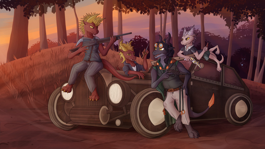 adis_gray anthro blen4k browning_automatic_rifle car desma_(blen4k) desperada_(blen4k) dungeons_and_dragons explosives female forest group gun handgun hasbro hi_res horn kobold male plant ranged_weapon revolver scalie selena_(blen4k) silhouette strix_(kamikas) tail tnt tree vehicle weapon wizards_of_the_coast