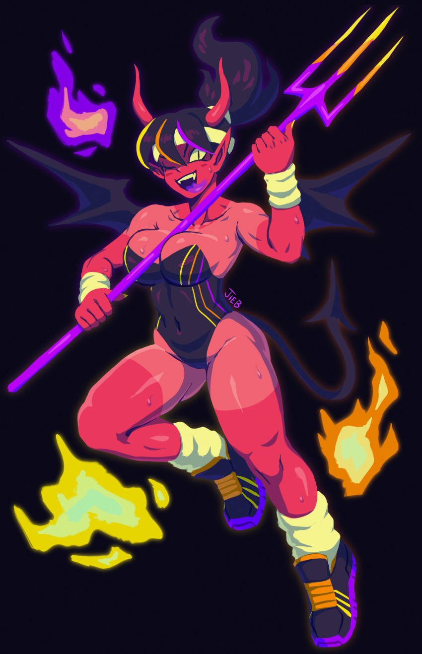 absurdres alternate_skin_color artist_name black_footwear black_leotard colored_skin colored_tongue demon_girl demon_horns demon_tail demon_wings female fire highres holding holding_pitchfork horns leotard one_eye_closed original pitchfork pointy_ears ponytail purple_fire purple_tongue red_skin sharp_teeth socks strapless strapless_leotard sweat sweatband tail tan tanlines teeth the_jieb toned_female tongue tongue_out wings yeet-chan_(the_jieb) yellow_socks