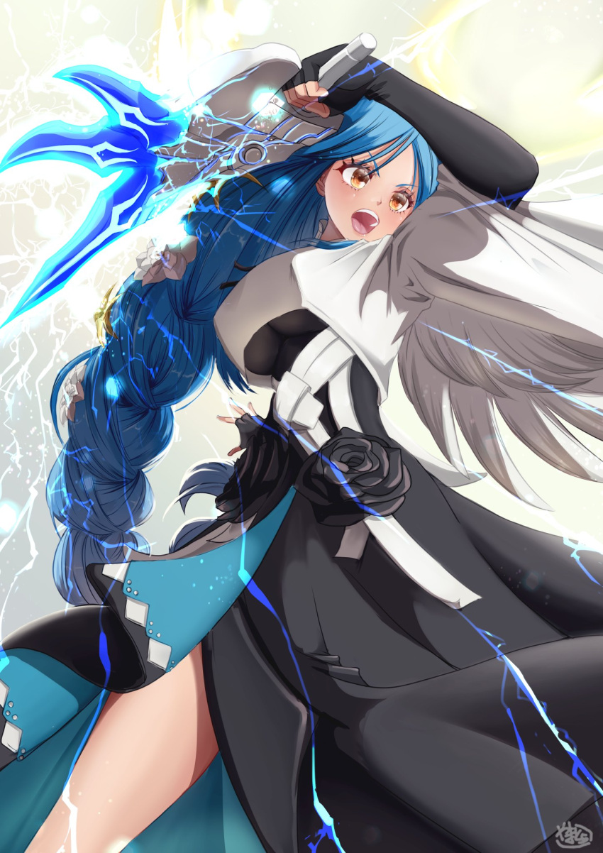 angel_wings black_dress black_flower black_gloves blue_hair blush braid braided_ponytail breasts covered_nipples crop_top dizzy_(guilty_gear) dress elbow_gloves electricity female fingerless_gloves flower front_slit gloves guilty_gear guilty_gear_strive hair_flower hair_ornament highres holding holding_sword holding_weapon large_breasts long_hair long_skirt low-braided_long_hair low-tied_long_hair open_mouth orange_eyes queen_dizzy skirt solo sword teeth thick_thighs thighs underboob upper_teeth_only v-shaped_eyebrows weapon white_flower wings yatchdevil yellow_flower