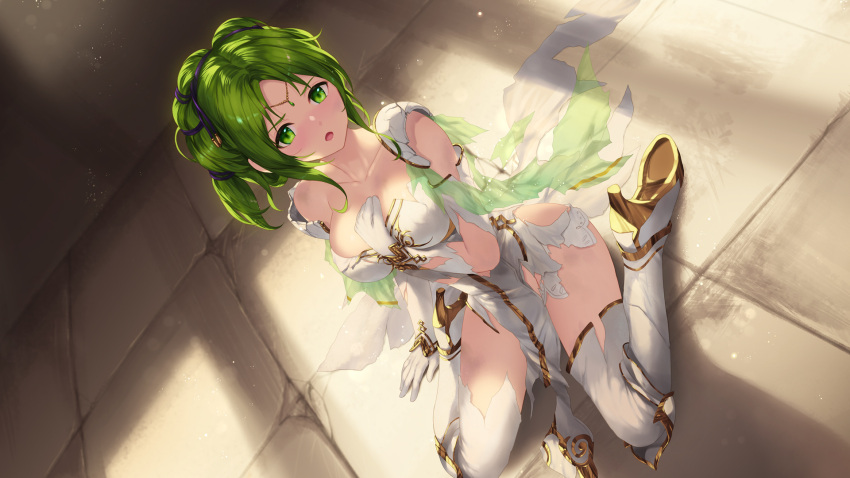 arm_between_breasts armor between_breasts blush boots breasts broken_armor cait_aron collarbone dress dutch_angle female fire_emblem fire_emblem:_the_sacred_stones forehead_jewel gloves green_eyes green_hair hand_on_own_chest high_heel_boots high_heels highres indoors l'arachel_(fire_emblem) large_breasts long_hair looking_at_viewer ponytail shoulder_armor sitting solo sunlight thigh_boots torn_boots torn_clothes torn_dress torn_gloves v-shaped_eyebrows wariza white_dress white_gloves