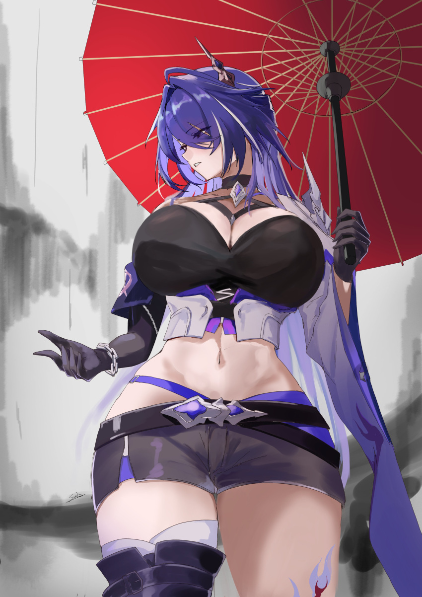 absurdres acheron_(honkai:_star_rail) asymmetrical_footwear belt black_bra black_footwear black_gloves black_shorts boots bra breasts cleavage coat female gloves hair_ornament hair_over_one_eye highres honkai:_star_rail honkai_(series) kasumi_saika large_breasts long_hair long_sleeves midriff multicolored_hair navel oil-paper_umbrella parted_lips purple_eyes purple_hair rain revision shorts single_bare_shoulder solo streaked_hair thigh_boots thighs umbrella underwear white_coat wide_sleeves