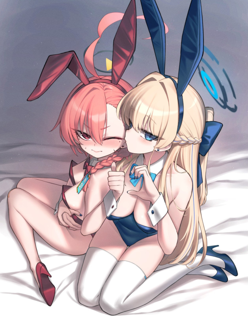 2girls ahoge alphy animal_ears aqua_bow aqua_bowtie blonde_hair blue_archive blue_eyes blue_hairband blue_halo blue_leotard blush bow bowtie braid breasts cleavage detached_collar earrings fake_animal_ears hairband halo heart_hands_failure highres jewelry large_breasts leotard long_hair looking_at_viewer mole mole_under_eye multiple_girls neru_(blue_archive) neru_(bunny)_(blue_archive) official_alternate_costume one_eye_closed playboy_bunny rabbit_ears red_eyes red_leotard single_braid small_breasts strapless strapless_leotard thighhighs thumbs_up toki_(blue_archive) toki_(bunny)_(blue_archive) white_thighhighs white_wrist_cuffs wrist_cuffs