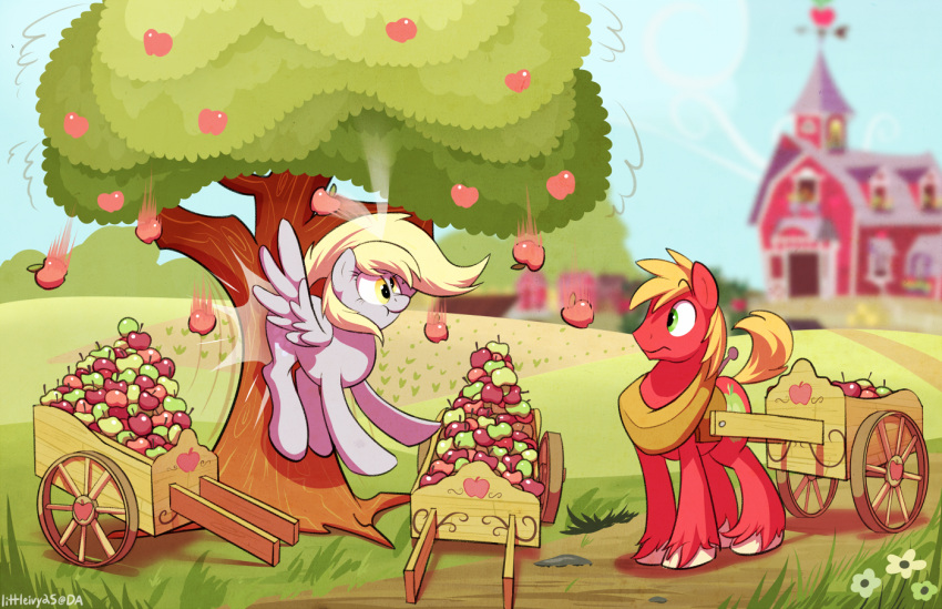 2014 ambiguous_gender apple apple_cart apple_tree barn big_macintosh_(mlp) blonde_mane blue_sky braeburned cart cel_shading day derp_eyes derpy_hooves detailed_background digital_drawing_(artwork) digital_media_(artwork) duo earth_pony equid equine feathered_wings feathers female_(lore) feral field flying food friendship_is_magic fruit fruit_tree fur grass green_eyes grey_body grey_feathers grey_fur hasbro hooves horse male_(lore) mammal mane my_little_pony mythological_creature mythological_equine mythology outside pegasus plant plow_yoke pony red_body red_fur shaded sky standing startled tail tree unguligrade wings yellow_eyes yellow_tail