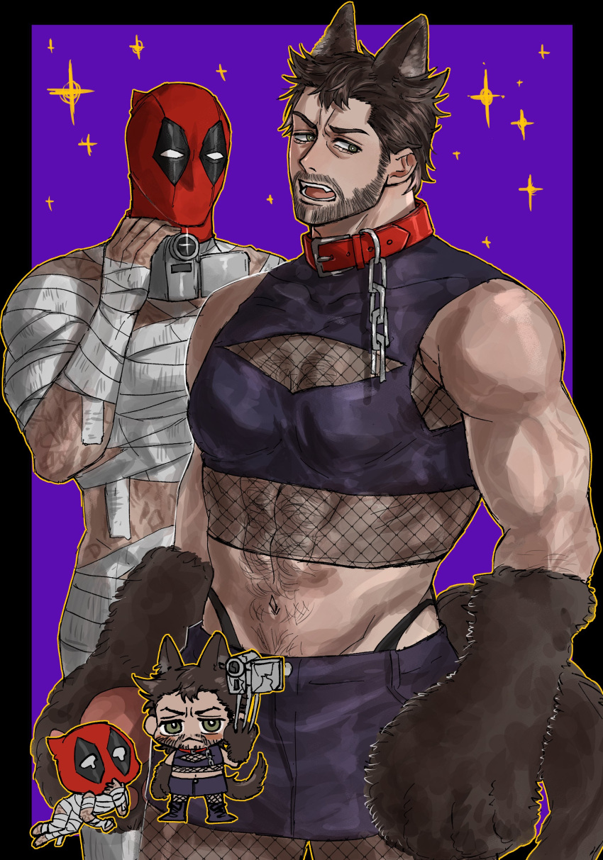 2boys abs absurdres animal_ears animal_hands bandaged_arm bandaged_hand bandaged_leg bandages beard blush brown_hair camcorder camera chain_leash chains chest_hair chibi claw_(weapon) collar commentary_request cosplay crop_top crossdressing deadpool deadpool_&_wolverine deadpool_(series) facial_hair fishnet_pantyhose fishnets fur_trim green_eyes halloween_costume highleg highleg_panties highres holding holding_camera immjb5x8u9akn7a large_pectorals leash looking_at_another male_focus marvel marvel_cinematic_universe mask mature_male multiple_boys mummy_costume muscular muscular_male naked_bandage navel navel_hair open_mouth panties pantyhose pectorals purple_skirt red_mask scar scars_all_over short_hair skirt stomach tail teeth thighs underwear video_camera weapon werewolf_costume wolf_ears wolf_tail wolverine_(x-men) x-men yaoi