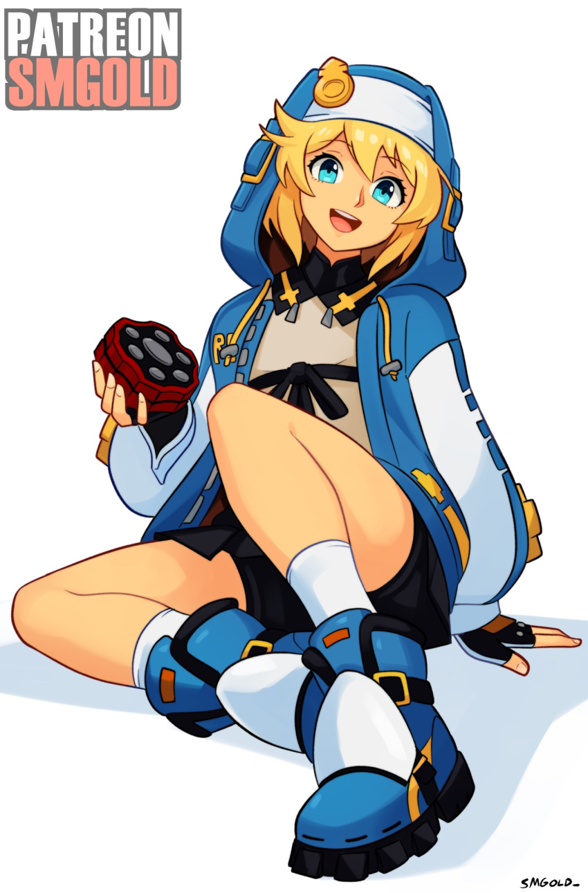 1boy androgyne_symbol artist_name black_gloves black_shorts black_skirt blonde_hair blue_eyes boots bridget fingerless_gloves full_body gloves guilty_gear guilty_gear_strive highres holding hood hood_up hooded_jacket jacket open_clothes open_jacket open_mouth patreon_username shorts shorts_under_skirt sitting skirt smgold smile solo teeth upper_teeth_only white_background yo-yo