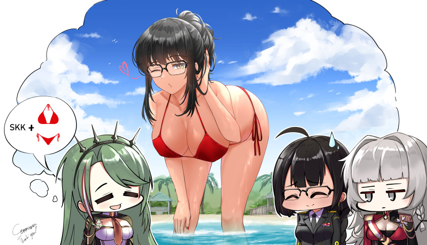 3girls absurdres ahoge aiguillette azur_lane beach bent_over bikini bird black_dress black_hair black_necktie blue_sky braid breasts cape chibi chibi_inset cleavage closed_eyes cloud collar commander_(azur_lane) commission day dress earrings embarrassed english_commentary english_text epaulettes female_commander_(azur_lane) gold_trim green_eyes green_hair grey_eyes grey_hair hair_intakes headgear heart highres hoop_earrings hut imagining irkawaza italian_flag jacket jewelry large_breasts littorio_(azur_lane) long_hair military military_uniform multicolored_hair multiple_girls name_tag naval_uniform necktie ocean one_eye_closed open_mouth palm_tree puckered_lips red_bikini red_hair red_jacket red_necktie ribbon_bar sand semi-rimless_eyewear shirt shrug_(clothing) side_braids sidelocks sky speech_bubble sweatdrop swimsuit thought_bubble tree updo very_long_hair vittorio_veneto_(azur_lane) water wet white_collar white_dress white_shirt