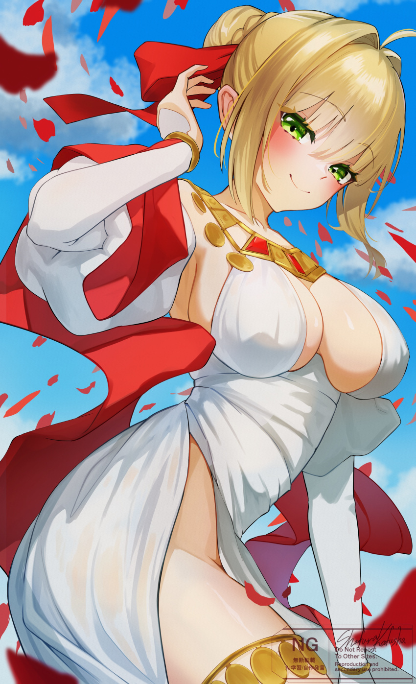 absurdres armpits blonde_hair blue_sky breasts cleavage closed_mouth dress falling_petals fate/grand_order fate_(series) female from_side green_eyes highres large_breasts looking_at_viewer nero_claudius_(fate) nero_claudius_(formal_dress)_(fate) official_alternate_costume petals shafurakafusha short_hair sky smile solo white_dress