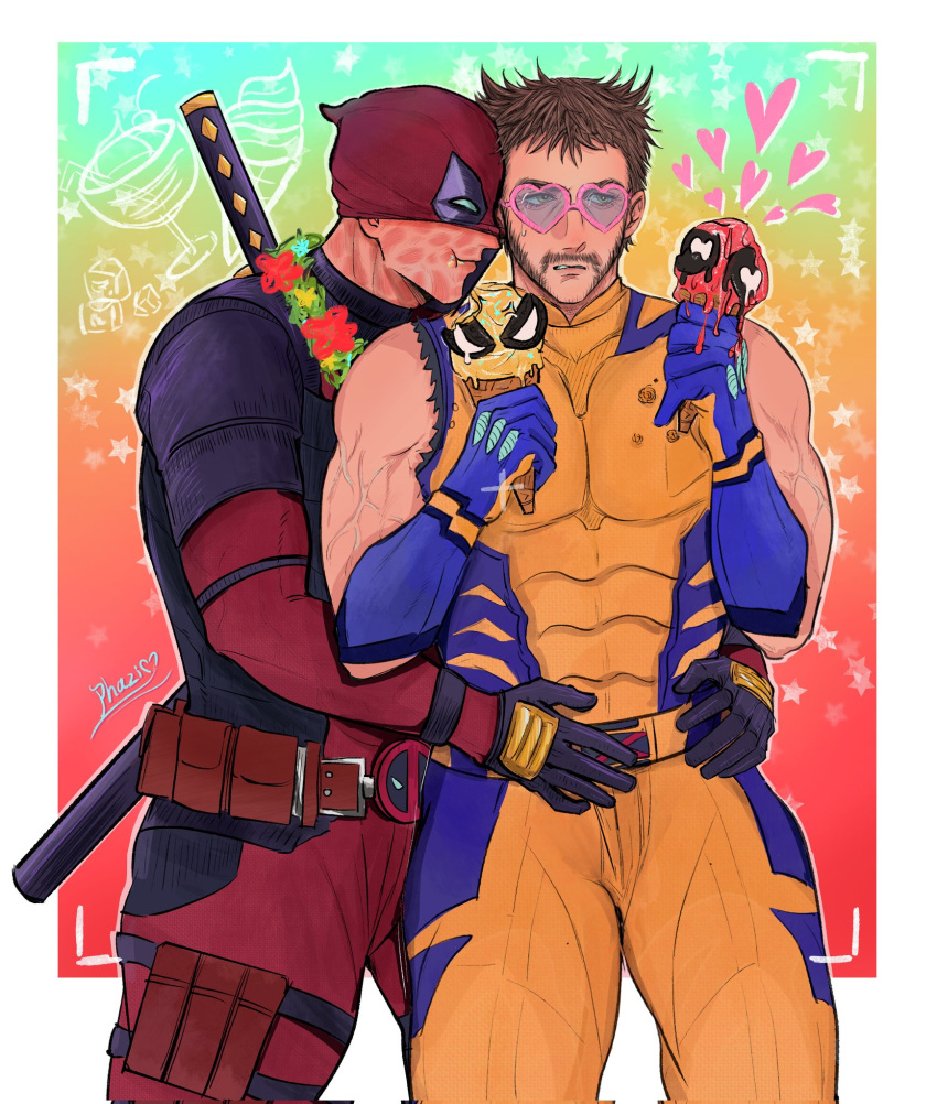 2boys animification beard belt blue_gloves blush bodysuit deadpool deadpool_&_wolverine deadpool_(series) eating facial_hair flower flower_necklace fmewithachansaw food food_on_face gloves green_eyes hands_on_another's_waist hashtag-only_commentary heart heart-shaped_eyewear highres holding holding_ice_cream_cone ice_cream ice_cream_cone katana male_focus marvel marvel_cinematic_universe mask mask_lift multiple_boys muscular muscular_male pectorals red_bodysuit red_mask scar scars_all_over short_hair sleeveless sunglasses superhero_costume sweatdrop sword sword_on_back teeth thighs utility_belt veins veiny_arms weapon weapon_on_back wolverine_(x-men) x-men yaoi yellow_bodysuit