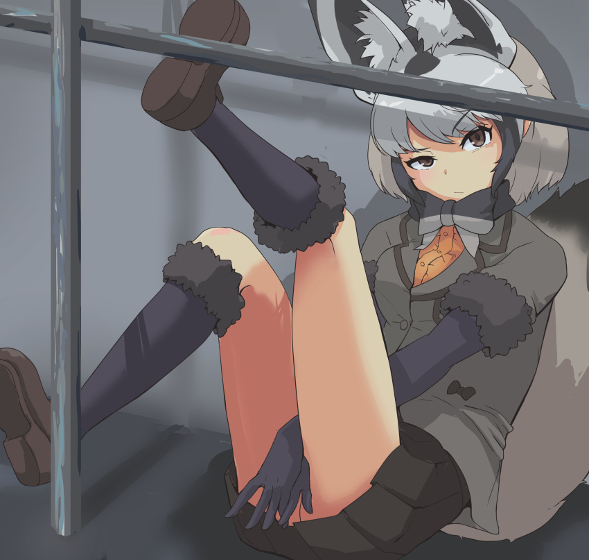 animal_ears bat-eared_fox_(kemono_friends) between_legs black_bow black_bowtie black_fur black_gloves black_hair black_skirt black_socks bow bowtie brown_eyes brown_footwear elbow_gloves extra_ears fox_ears fox_girl fox_tail fur_trim gloves grey_bow grey_bowtie grey_hair grey_jacket hair_between_eyes hand_between_legs hane_(kirschbaum) highres jacket kemono_friends legs_up loafers looking_at_viewer multicolored_hair orange_shirt pleated_skirt shirt shoes short_hair short_sleeves sidelocks sitting skirt socks tail two-tone_bodysuit