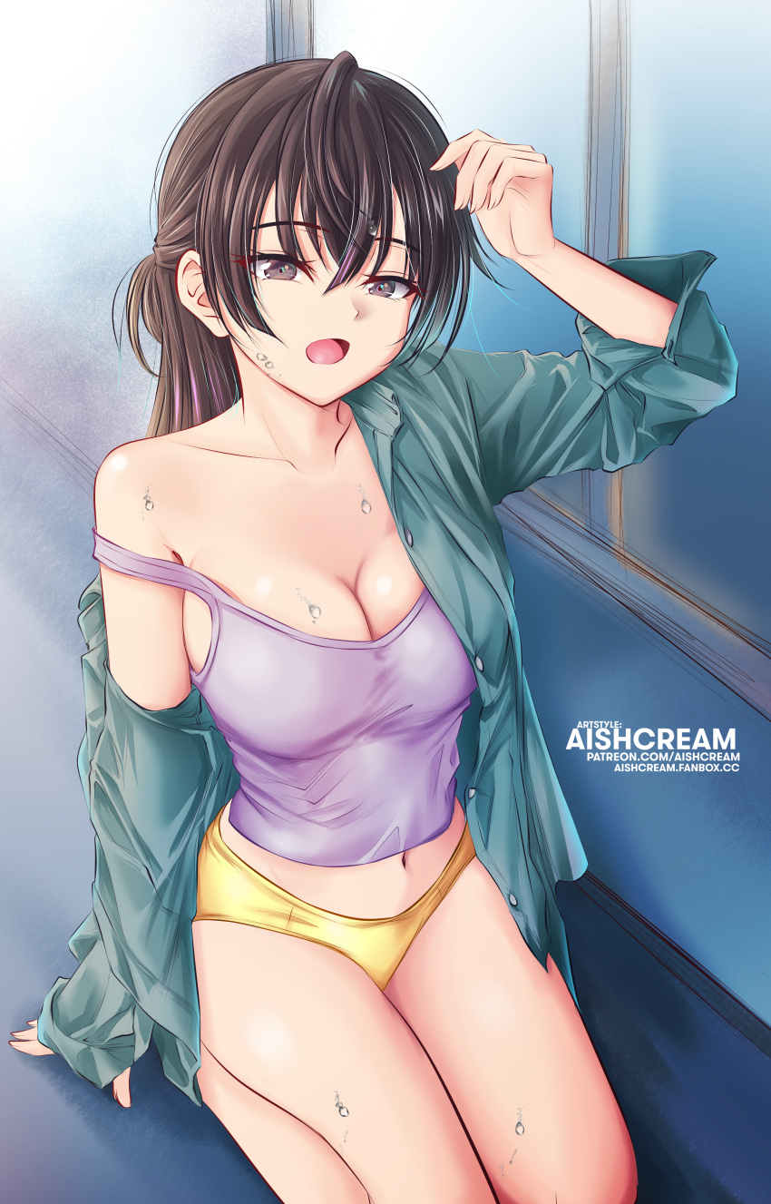 absurdres adjusting_hair aishcream24 armpits artist_name blue_shirt breasts brown_eyes brown_hair camisole cleavage eyebrows_hidden_by_hair female hair_between_eyes highres large_breasts long_hair looking_at_viewer midriff navel open_mouth panties purple_camisole seiza shirt sitting solo strap_slip suou_yuki sweat tokidoki_bosotto_roshia-go_de_dereru_tonari_no_alya-san underwear yellow_panties