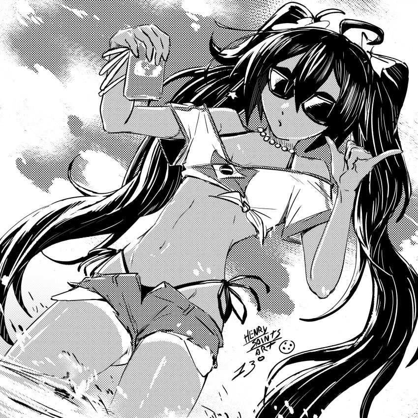 absurdres ahoge artist_name bikini bracelet brazilian_flag_print brazilian_miku breasts can commentary denim denim_shorts drink_can eyebrows_hidden_by_hair female greyscale hair_between_eyes hatsune_miku henry_saints highres holding holding_can in_water jersey jewelry long_hair monochrome navel ocean off-shoulder_shirt off_shoulder shirt short_shorts shorts small_breasts soda_can solo stomach sunglasses swimsuit tan tanlines twintails very_long_hair vocaloid