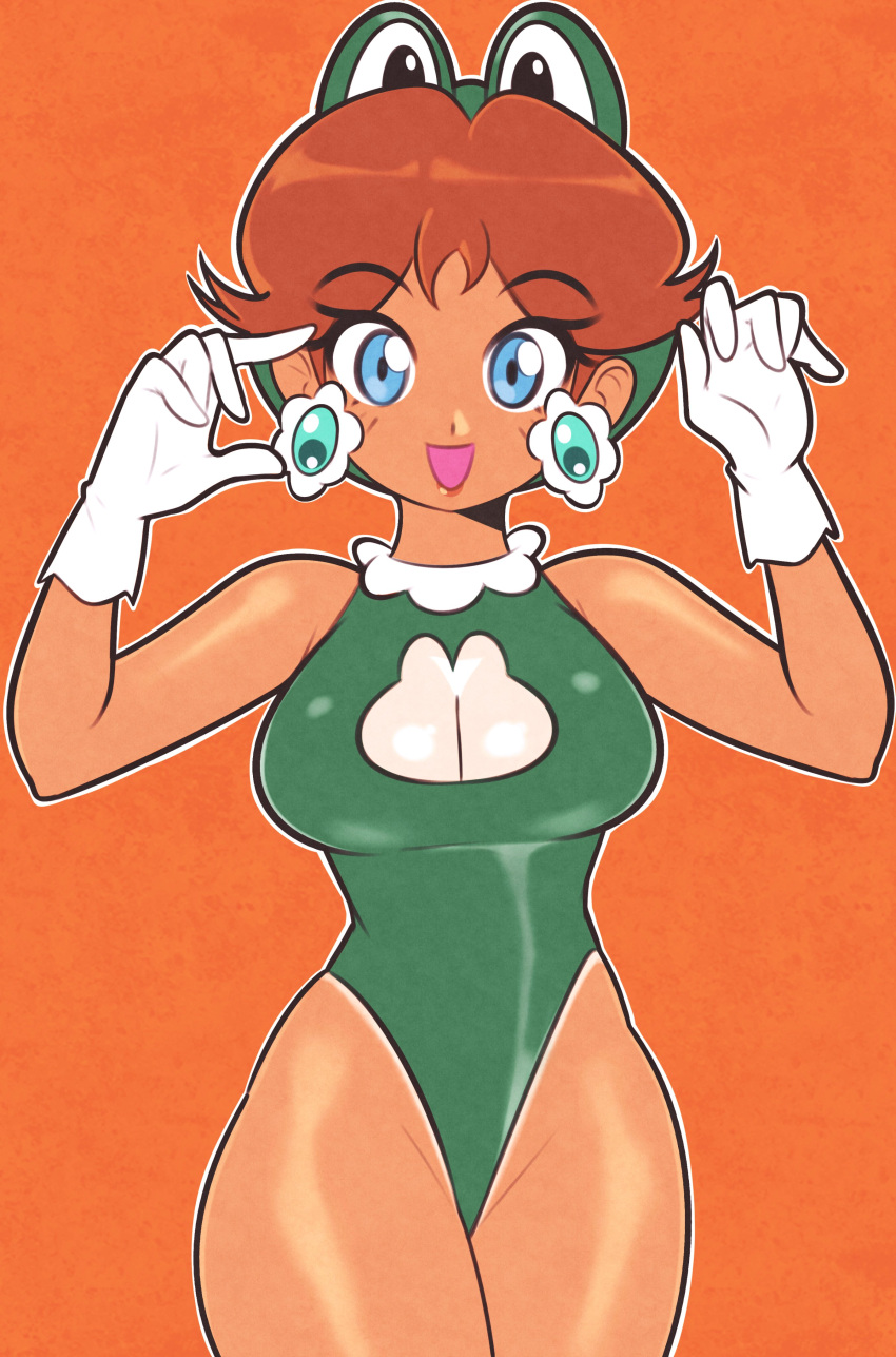 absurdres blue_eyes breasts brown_hair dark-skinned_female dark_skin earrings female flipped_hair flower_earrings frog_suit_(mario) gloves green_leotard highres jeff_miga jewelry leotard looking_at_viewer mario_(series) open_mouth princess_daisy solo white_gloves