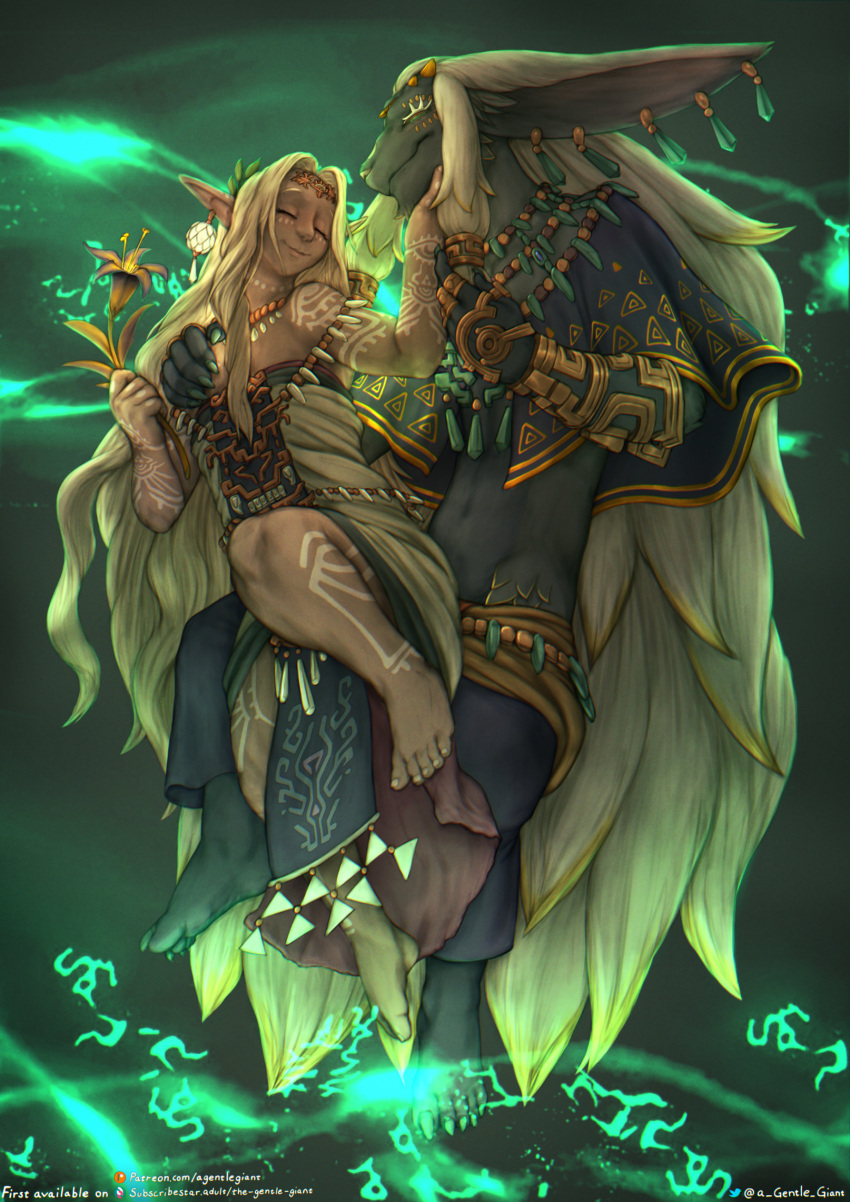 1boy barefoot blonde_hair closed_eyes couple dark-skinned_female dark_skin dress female furry furry_male furry_with_non-furry hand_on_another's_face hand_on_another's_shoulder highres husband_and_wife interspecies long_hair navel pointy_ears rauru_(tears_of_the_kingdom) smile sonia_(zelda) stomach tattoo the_gentle_giant the_legend_of_zelda the_legend_of_zelda:_tears_of_the_kingdom very_long_ears very_long_hair zonai