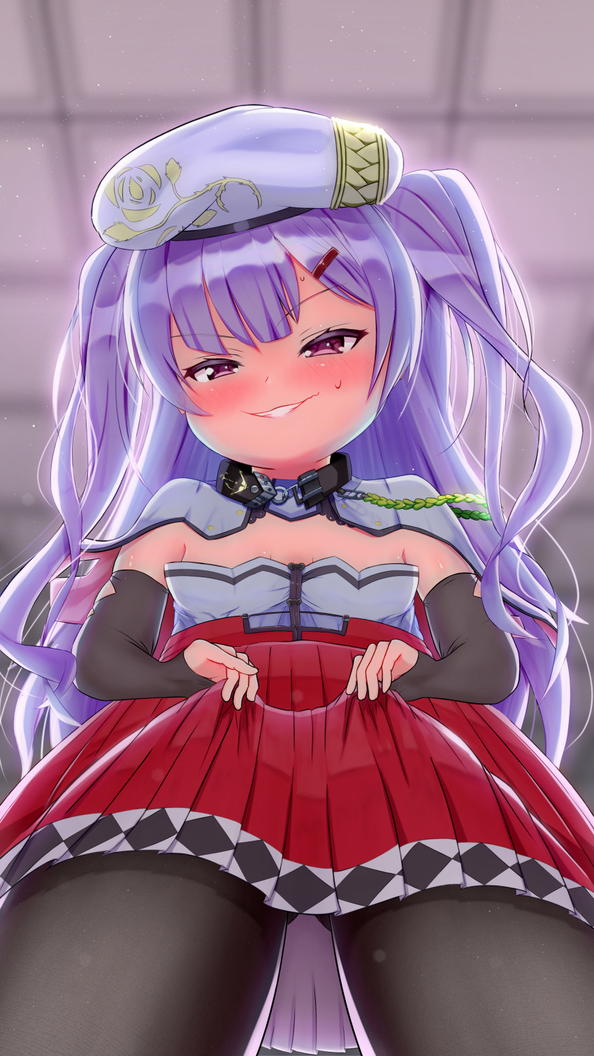 absurdres aged_down ajax_(azur_lane) ajax_(retrofit)_(azur_lane) azur_lane beret blush capelet female flat_chest from_below hair_ornament hairclip hat high-waist_skirt highres indoors pantyhose purple_eyes purple_hair red_skirt shirt skirt skirt_hold sleeveless sleeveless_shirt smile solo two_side_up white_capelet white_shirt