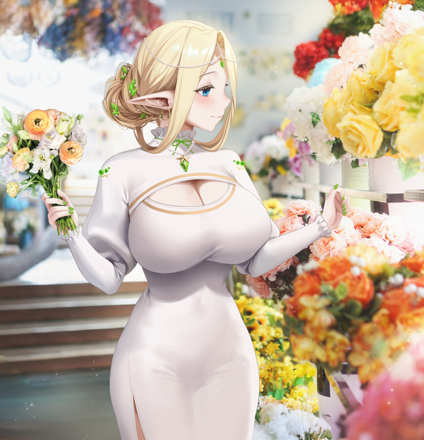 blonde_hair blue_eyes bouquet breasts cerestia_of_life circlet cleavage cleavage_cutout clothing_cutout dress elf female flower gem green_gemstone green_nails highres large_breasts last_origin pencil_dress photo_background pointy_ears rose smile solo teddyellow tight_clothes tight_dress white_dress yellow_flower