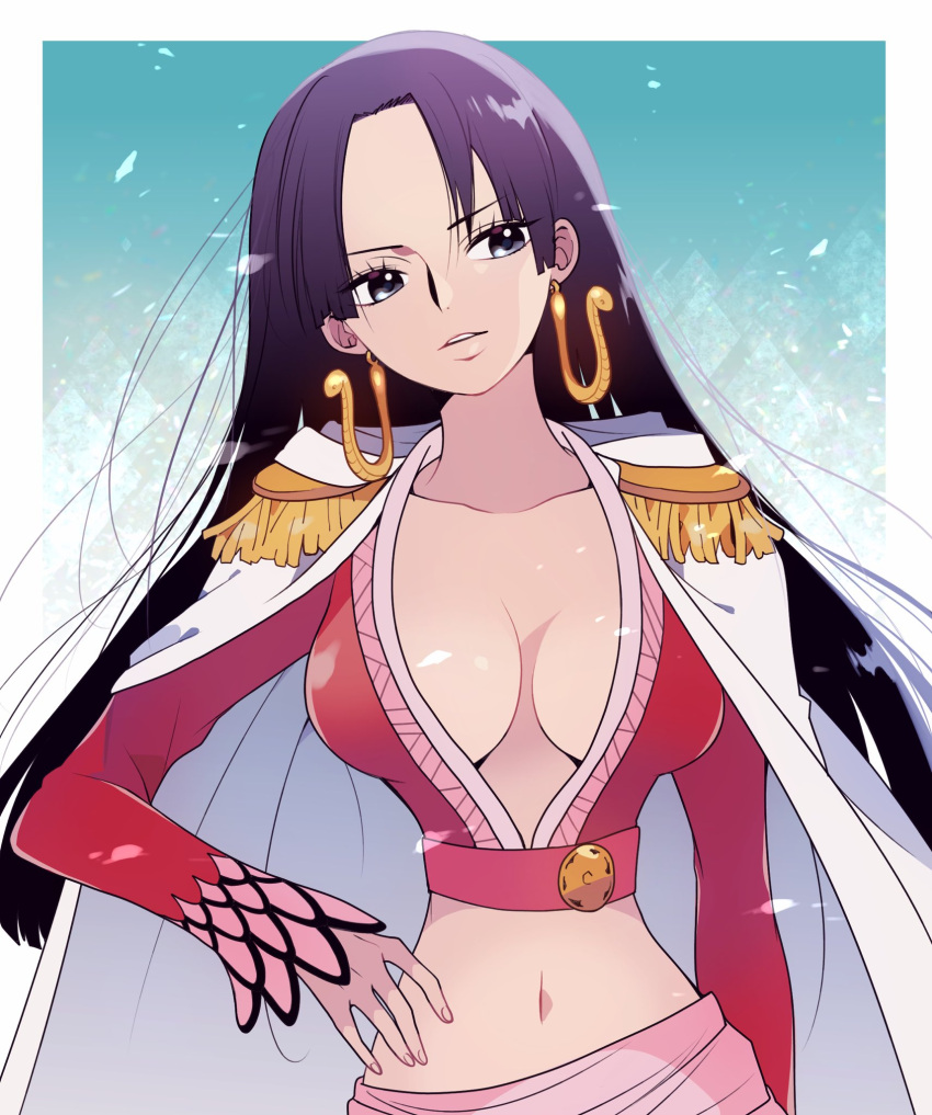 black_hair boa_hancock breasts cape cleavage coat cowboy_shot crop_top earrings epaulettes eyelashes female floating_hair hand_on_own_hip highres hood hooded_cape jewelry long_hair long_sleeves looking_to_the_side navel one_piece parted_lips pink_sash plunging_neckline red_shirt sash shin_yama3 shirt snake_earrings solo white_coat