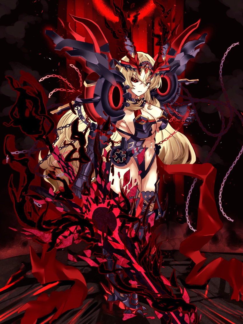 abs armor barghest_(fate) barghest_(third_ascension)_(fate) black_leotard black_sclera blonde_hair breasts center_opening chains cleavage colored_sclera fate/grand_order fate_(series) female flaming_sword flaming_weapon full_body gauntlets heterochromia highres holding holding_sword holding_weapon horns large_breasts leotard looking_at_viewer navel red_eyes shong solo sword weapon yellow_eyes