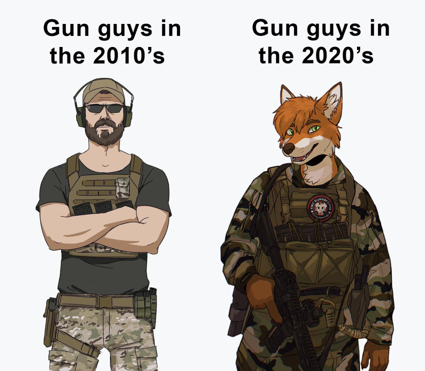 anthro army beard bottomwear brown_hair bulletproof_vest camo camo_clothing camo_print canid canine clothed clothed_anthro clothed_human clothing crossed_arms earmuffs eyewear facial_hair fox fur green_eyes gun hair hat headgear headwear hi_res holster human humor male mammal military mouth_closed open_mouth orange_body orange_fur pants pattern_clothing ranged_weapon shirt simple_background standing sunglasses t-shirt tactical_gear teeth topwear uniform unknown_artist weapon white_background white_body