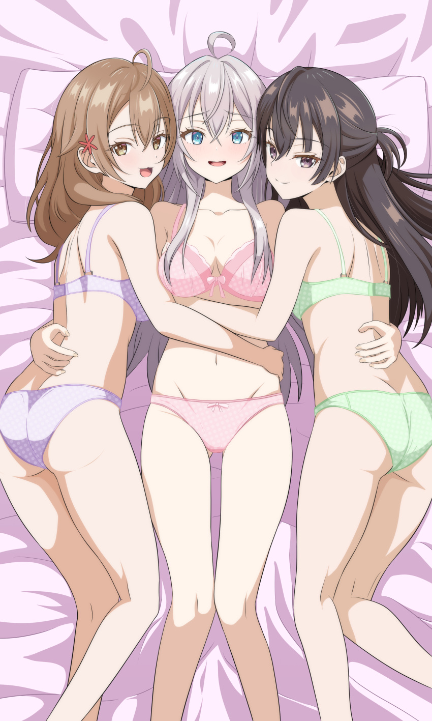 3girls :3 absurdres ahoge alisa_mikhailovna_kujou arm_around_waist ass ass_visible_through_thighs blush bow bow_bra bow_panties bra breasts brown_eyes brown_hair closed_mouth commentary_request commission eyebrows_hidden_by_hair feet_out_of_frame girl_sandwich green_bra green_panties groin hair_between_eyes hand_on_another's_back hand_on_another's_hip highres hug long_hair looking_at_viewer lying mariya_mikhailovna_kujou medium_breasts multiple_girls on_back on_bed open_mouth panties pink_bra pink_panties pixiv_commission polka_dot polka_dot_bra polka_dot_panties purple_bra purple_eyes purple_panties sandwiched smile suou_yuki takuru tokidoki_bosotto_roshia-go_de_dereru_tonari_no_alya-san underwear underwear_only white_hair