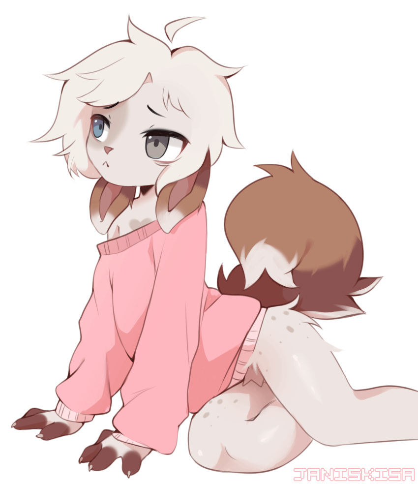 animated antenna_hair anthro bird_dog blonde_hair blue_eyes blush blush_lines bottomless canid canine canis cinnamon_(janiskisa) claws clothed clothing digital_media_(artwork) domestic_dog ears_down femboy feminine fur grey_eyes hair heart_symbol heterochromia hi_res hunting_dog janiskisa kemono looking_at_viewer male mammal pink_clothing pink_nose pink_shirt pink_topwear pivoted_ears round_tail shirt short_hair short_playtime simple_background solo spaniel spots tail tail_motion tailwag terrier topwear white_body white_fur