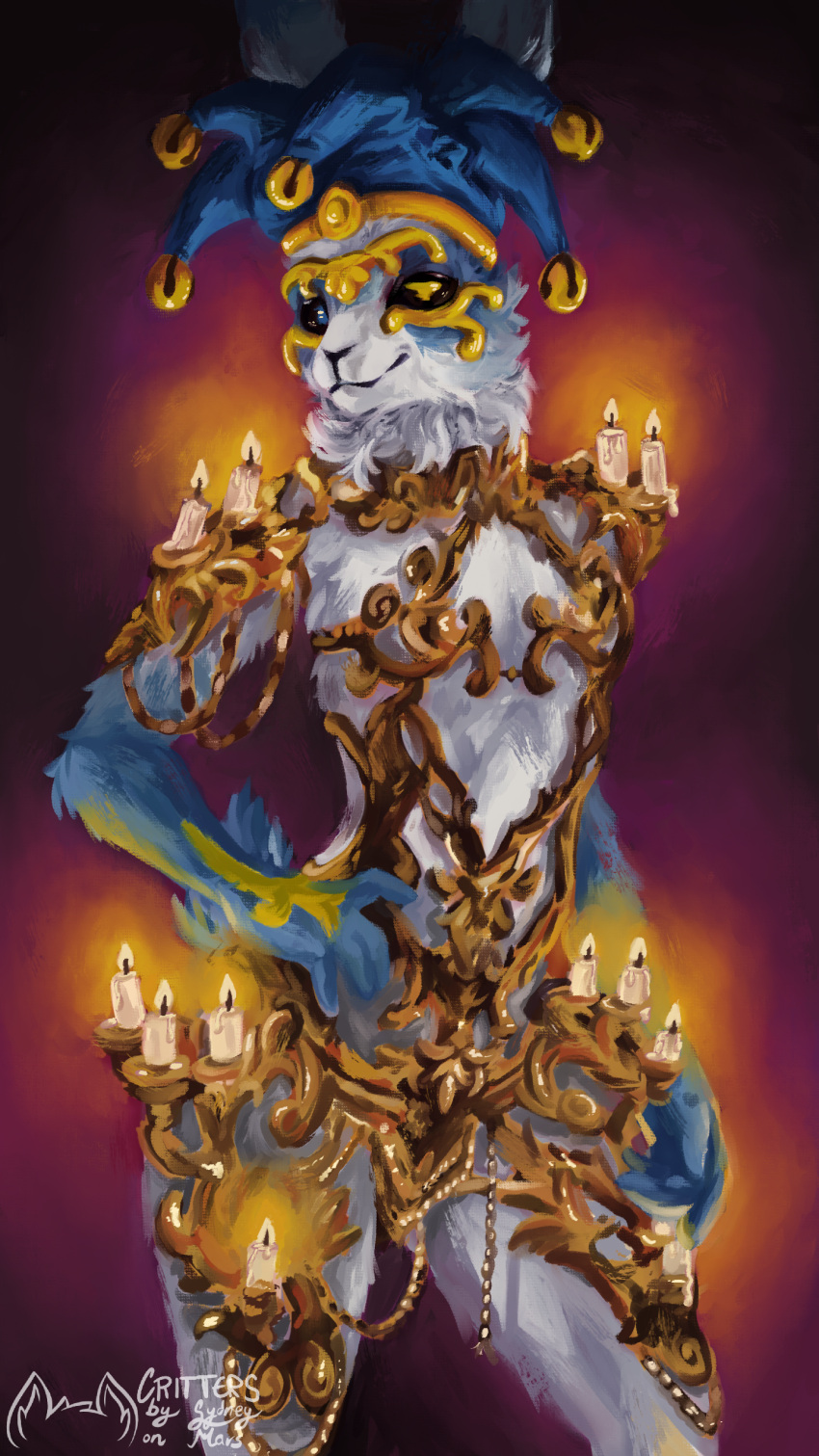 9:16 absurd_res anthro blue_body blue_fur candle candlelight chains clothing critters_collective digital_media_(artwork) digital_painting_(artwork) dimly_lit fool's_hat fur gold_(metal) gold_chain gold_jewelry grinning_at_viewer half-length_portrait hat headgear headwear heterochromia hi_res jester jewelry lagomorph leporid light male mammal painterly portrait pose rabbit small_clothing solo sydney_onmars