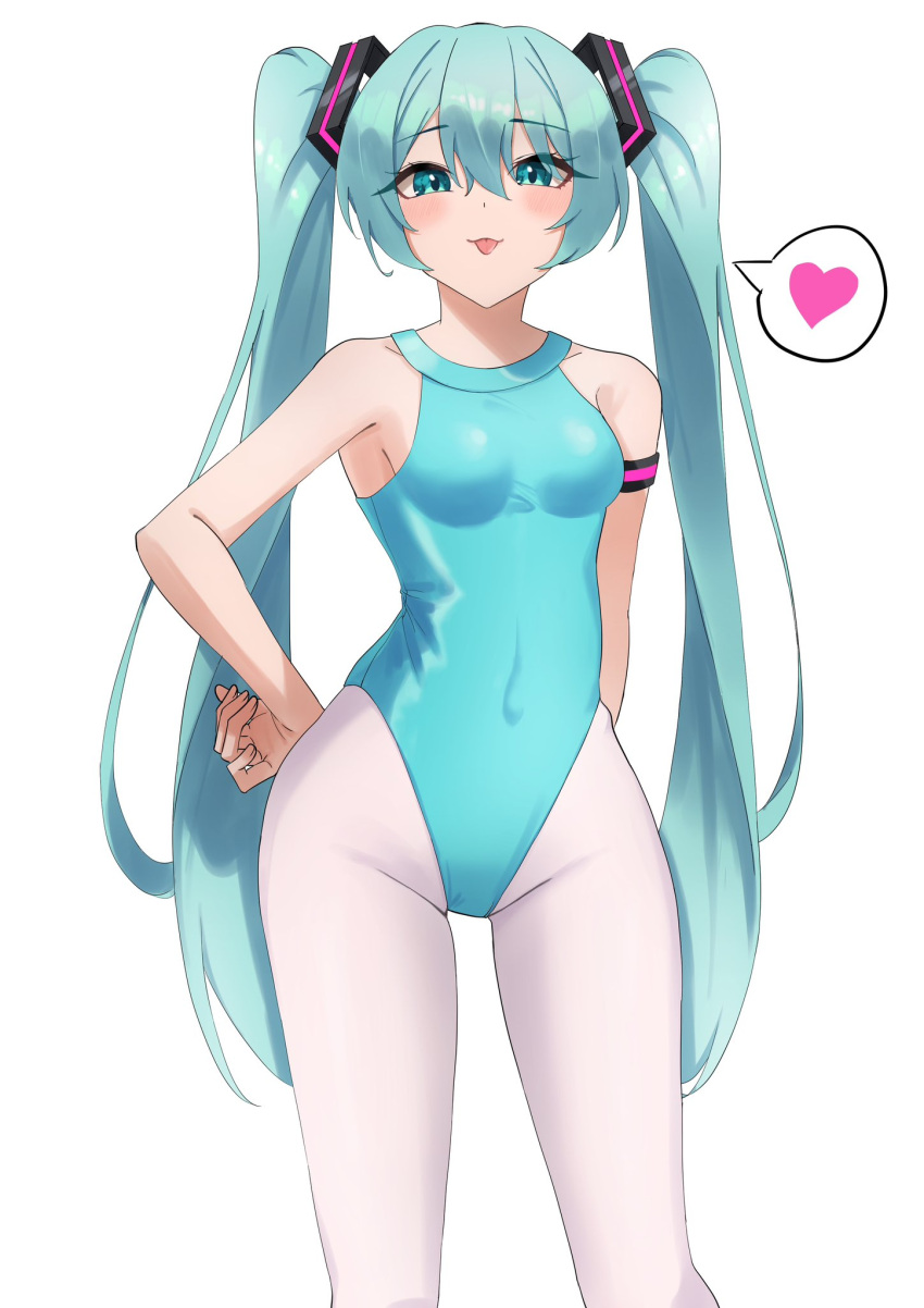 amaama_(beccyonaika1) aqua_eyes aqua_hair aqua_leotard armband ballerina blue_eyes blue_hair blue_leotard blush breasts covered_navel crotch female groin hair_ornament hand_on_own_hip hatsune_miku heart highleg highleg_leotard highres knees_up leotard long_hair looking_at_viewer pantyhose pink_pantyhose simple_background sleeveless solo speech_bubble spoken_heart tongue tongue_out twintails very_long_hair vocaloid white_background