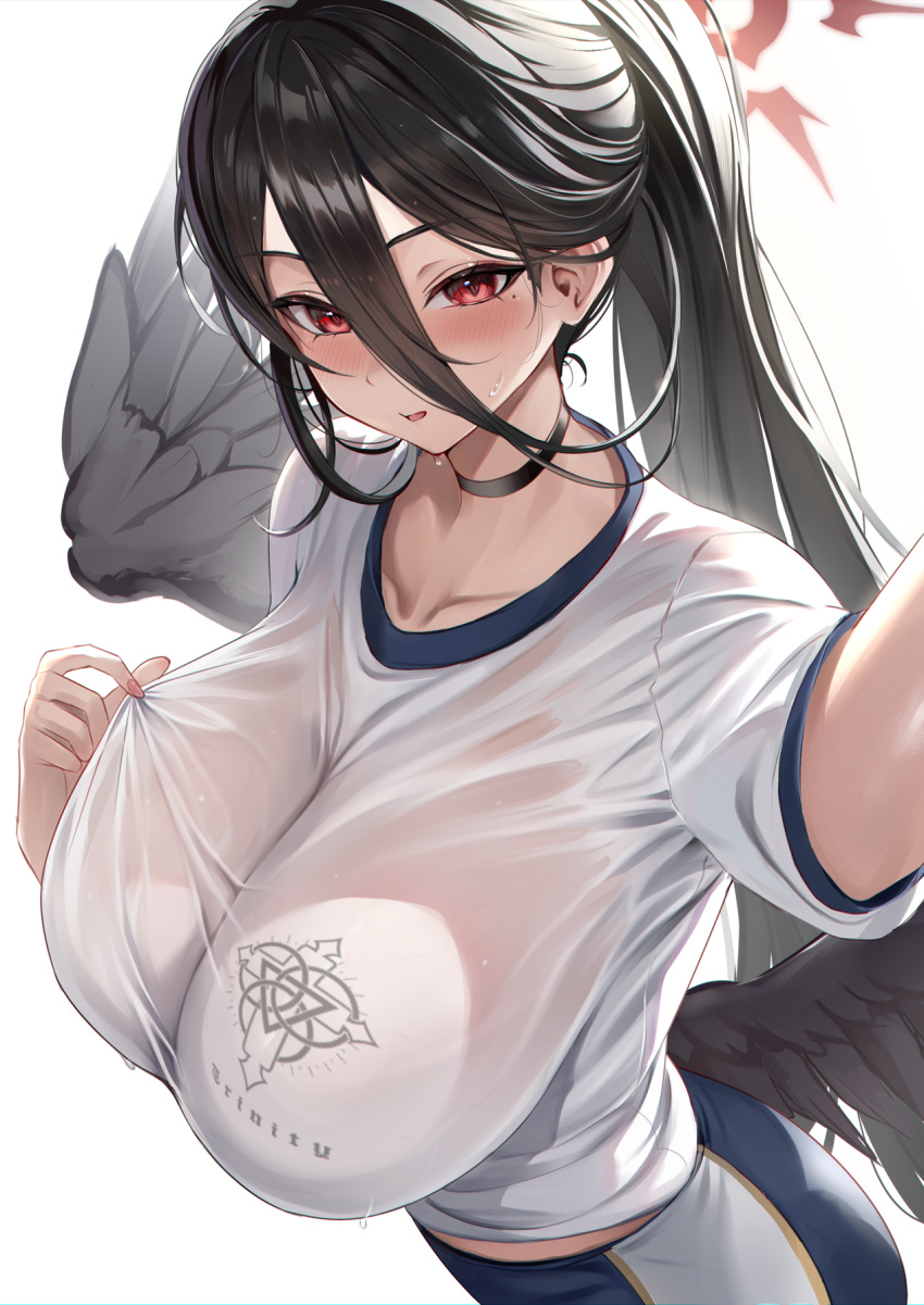 black_choker black_hair black_wings blue_archive blue_shorts blush breasts choker commentary feathered_wings female fingernails gym_shirt gym_shorts hair_between_eyes halo hasumi_(blue_archive) hasumi_(track)_(blue_archive) highres huge_breasts large_wings long_fingernails long_hair long_hair_between_eyes looking_at_viewer low_wings mole mole_under_eye official_alternate_costume outstretched_arm parted_lips ponytail red_eyes red_halo shirt short_sleeves shorts simple_background solo stone_(ksorede) sweat very_long_hair wet wet_clothes wet_shirt white_background white_shirt wings