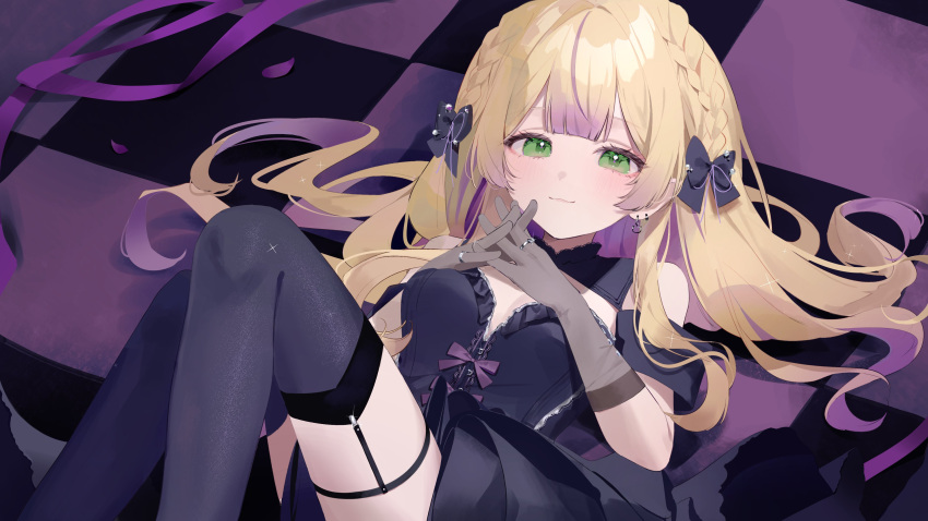 absurdres bare_shoulders black_bow black_dress black_thighhighs blonde_hair blush bow braid breasts checkered_floor closed_mouth colored_inner_hair crown_braid dress earrings feet_out_of_frame female garter_straps gloves green_eyes grey_gloves hairbow highres hue_0813 interlocked_fingers jewelry knees_up long_hair looking_at_viewer lying medium_breasts multicolored_hair on_back purple_hair shinsougumi smile solo streaked_hair thighhighs virtual_youtuber wakarase_choro