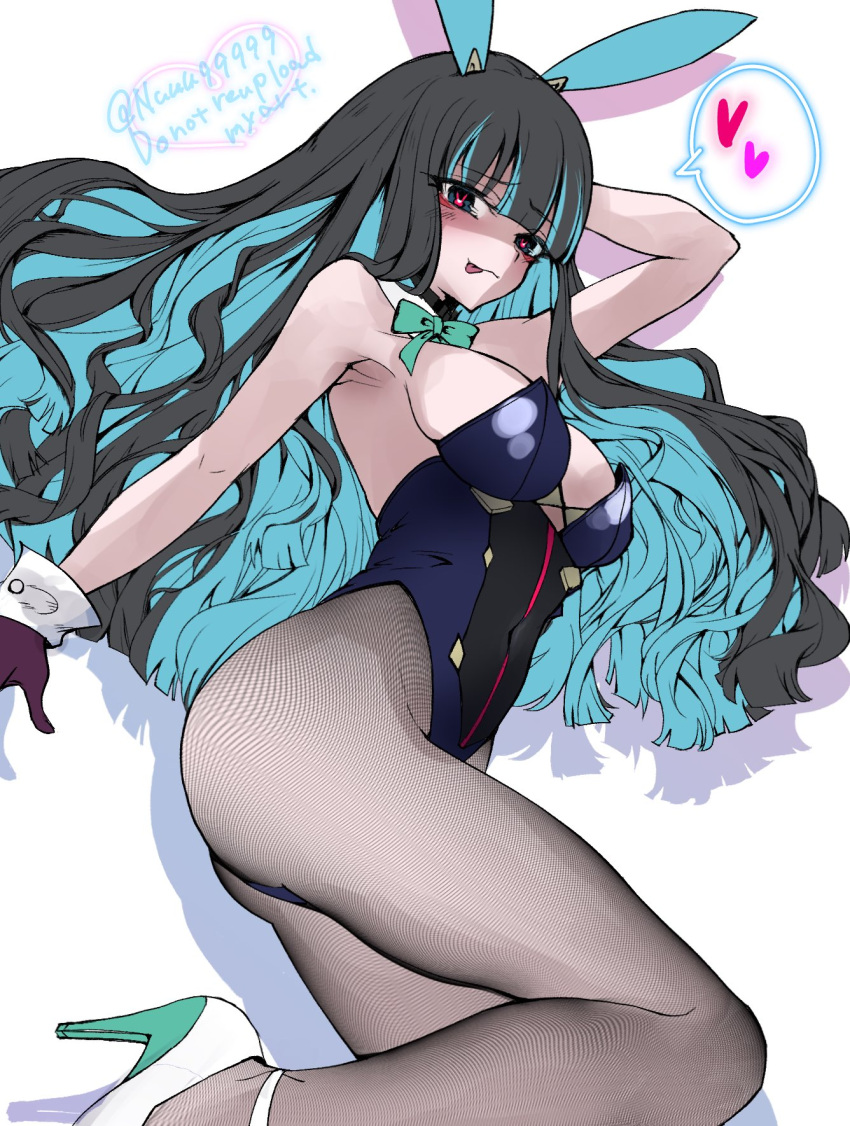 animal_ears black_hair black_leotard blue_hair bow bowtie breasts cleavage colored_inner_hair detached_collar eyeliner fake_animal_ears fate/grand_order fate_(series) female gloves grey_eyes grey_pantyhose high_heels highleg highleg_leotard highres leotard long_hair looking_at_viewer makeup medium_breasts multicolored_hair pantyhose playboy_bunny rabbit_ears satou_nui sidelocks smile solo tenochtitlan_(fate) tenochtitlan_(swimsuit_mooncancer)_(fate) tenochtitlan_(swimsuit_mooncancer)_(third_ascension)_(fate) thighs tongue tongue_out