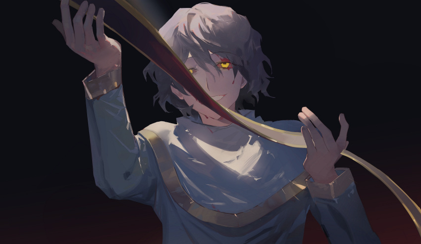 1boy black_hair blood blood_from_eyes blood_on_face brown_sclera capelet colored_sclera commentary_request gold_trim grey_capelet grey_shirt grin hair_between_eyes highres korean_commentary long_sleeves male_focus saibou_shinkyoku shirt short_hair smile solo temu_(temp_mumu) upper_body utsugi_noriyuki yellow_eyes