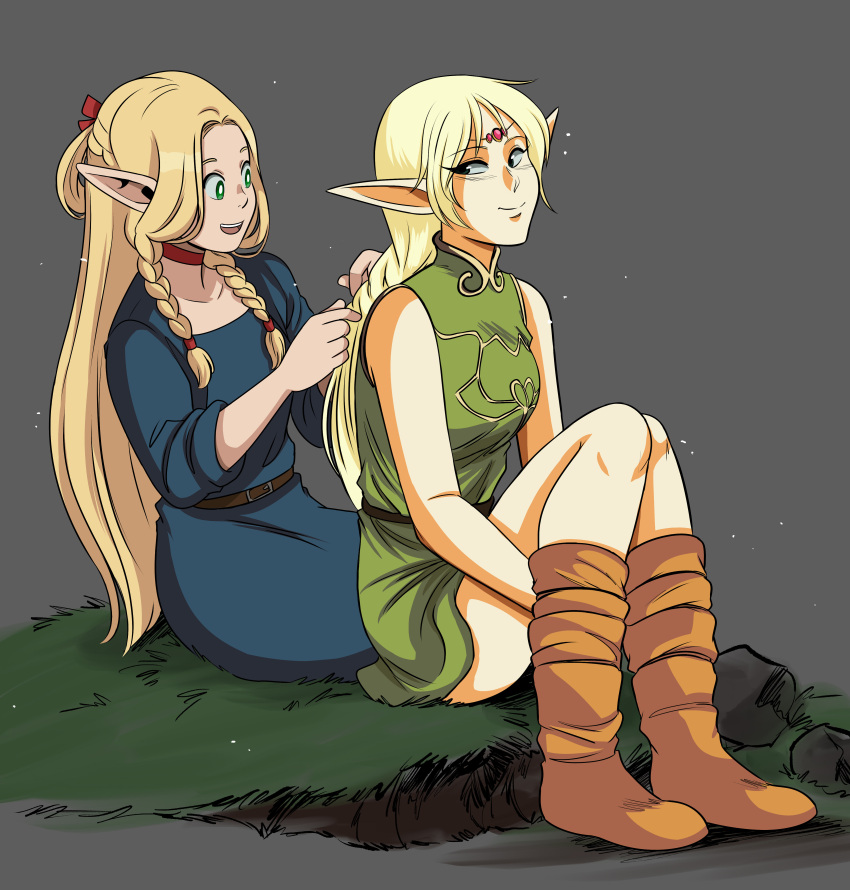 2024 absurd_res blonde_hair boots braided_hair braiding_hair clothing crossover deedlit delicious_in_dungeon duo elf female footwear hair hi_res humanoid humanoid_pointy_ears marcille_donato missgreeney not_furry personal_grooming pointy_ears record_of_lodoss_war shoes sitting styling_hair