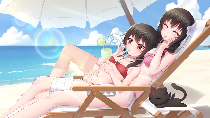 2girls anarchojs bandaged_leg bandages beach beach_chair beach_umbrella bikini blush breast_press breasts chomusuke closed_eyes crazy_straw cup day drinking drinking_glass drinking_straw flower food frilled_bikini frills fruit hair_flower hair_ornament hand_on_another's_stomach heart_straw highres holding holding_cup horizon kono_subarashii_sekai_ni_shukufuku_wo! large_breasts lens_flare lime_(fruit) lying lying_on_person medium_hair megumin multiple_girls navel o-ring o-ring_bikini ocean on_back outdoors pink_bikini red_bikini red_eyes sand shared_drink shared_straw sky small_breasts swimsuit thighs tropical_drink umbrella yunyun_(konosuba) yuri