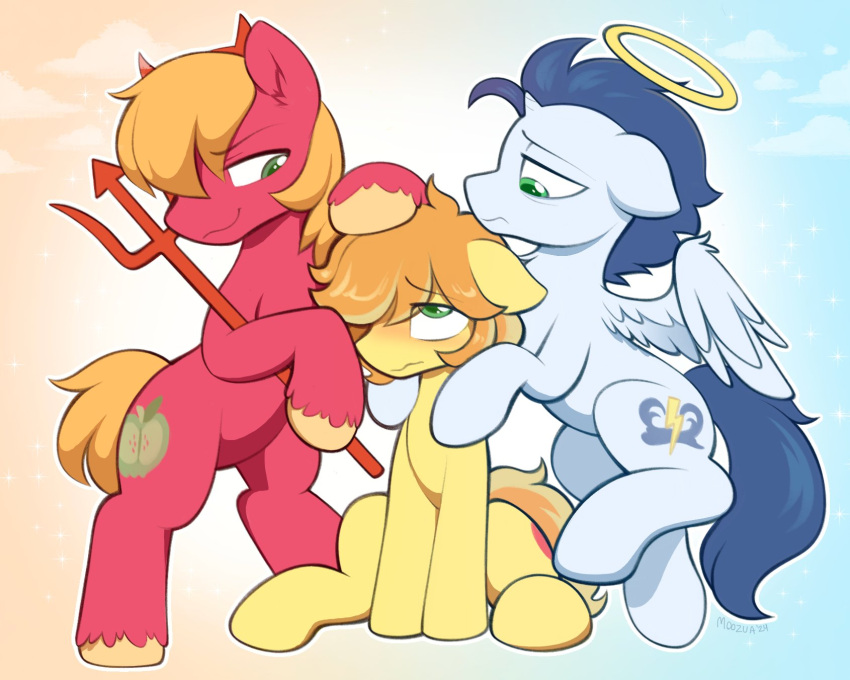 5:4 angel angel_and_devil big_macintosh_(mlp) blonde_hair blue_hair blush braeburn_(mlp) cutie_mark demon equid equine friendship_is_magic fur green_eyes group hair halo hasbro hi_res horse male male/male mammal moozua my_little_pony pitchfork pony red_body red_fur soarin_(mlp) temptation tools white_body white_fur wings wonderbolts_(mlp) yellow_body yellow_fur