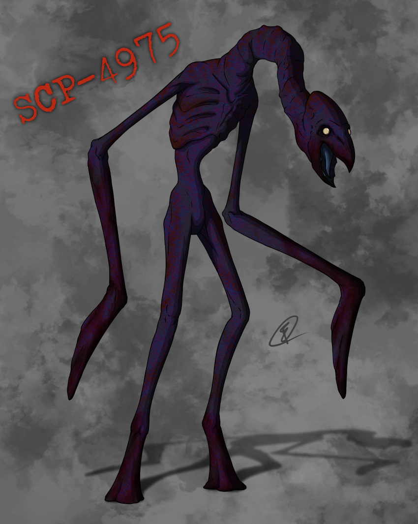 2022 absurd_res ambiguous_anthro ambiguous_gender anthro avian beak biped bird character_name chimericecho clip_studio_paint_(artwork) colored digital_media_(artwork) digital_painting_(artwork) emaciated empty_eyes english_description featherless featureless_feet feet glistening glistening_eyes grey_background hi_res horror_(theme) long_neck number open_beak open_mouth parrot purple_beak purple_body purple_tongue red_text ribs scp-4975 scp_foundation signature simple_background slim slim_ambiguous slim_anthro solo standing tan_eyes text tongue vein