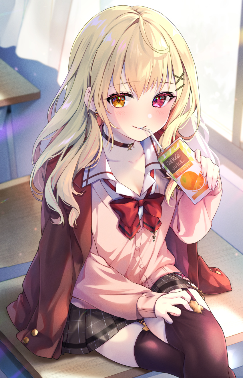 absurdres biting black_choker black_garter_straps black_skirt black_thighhighs blonde_hair blush bow cardigan chair choker curtains desk drink drinking drinking_straw drinking_straw_in_mouth earrings garter_straps hair_ornament hairclip heterochromia highres holding holding_drink hoshikawa_sara jacket jacket_on_shoulders jewelry juice juice_box long_hair looking_at_viewer nijisanji on_desk orange_juice pink_cardigan plaid_clothes plaid_skirt red_bow red_eyes red_jacket sailor_collar school_chair skirt smile thighhighs tojo_(natumi1412) virtual_youtuber white_sailor_collar window yellow_eyes