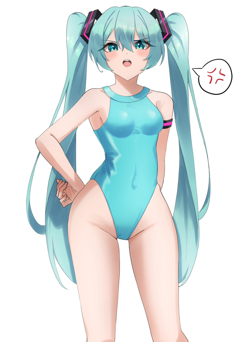 amaama_(beccyonaika1) anger_vein angry annoyed aqua_eyes aqua_hair aqua_leotard armband ballerina bare_legs blue_eyes blue_hair blue_leotard blush breasts covered_navel crotch female groin hair_ornament hand_on_own_hip hatsune_miku highleg highleg_leotard highres knees_up leotard long_hair looking_at_viewer open_mouth simple_background sleeveless solo speech_bubble spoken_anger_vein twintails very_long_hair vocaloid white_background