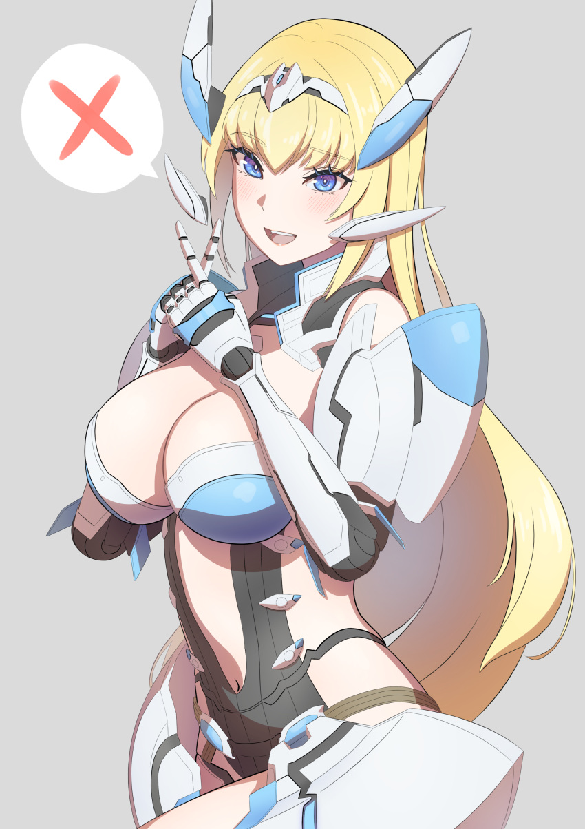 absurdres blonde_hair blue_eyes blush breasts cleavage cowboy_shot crossed_fingers cyborg di_allez_series hairband headgear highres joints large_breasts long_hair looking_at_viewer mecha_musume navel open_mouth phantasy_star phantasy_star_online_2 phantasy_star_online_2_new_genesis robot_joints smile spoken_x user_zcet3538 very_long_hair