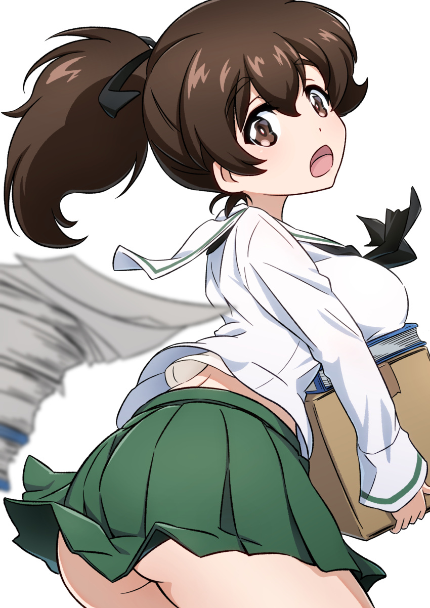 ass black_neckerchief black_ribbon blouse blurry blurry_foreground blush book box breast_rest breasts brown_eyes brown_hair commentary cowboy_shot depth_of_field ehirorotoon female from_behind frown girls_und_panzer green_skirt hair_ribbon highres holding holding_box koyama_yuzu large_breasts leaning_forward long_sleeves looking_at_viewer looking_back medium_hair midriff_peek miniskirt neckerchief ooarai_school_uniform open_mouth paper_stack pleated_skirt ponytail ribbon sailor_collar school_uniform serafuku shirt simple_background skirt solo standing white_background white_sailor_collar white_shirt