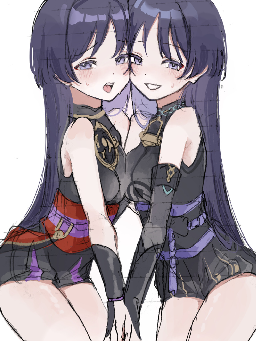 2girls armor asymmetrical_docking bare_shoulders belt black_belt black_bodysuit black_shorts blunt_ends blush bodysuit breast_press bridal_gauntlets bright_pupils cheek-to-cheek colored_inner_hair dual_persona genderswap_(mtf) genshin_impact gold heads_together highres holding_hands japanese_armor jewelry kingyo_(user_xyuc7787) kote kurokote long_hair looking_at_viewer mandarin_collar mitsudomoe_(shape) multicolored_hair multiple_girls naughty_face neck_ring o-ring open_mouth parted_bangs purple_eyes purple_rope purple_sash red_sash rope rule_63 sash scaramouche_(genshin_impact) shorts shoulder-to-shoulder sleeveless_turtleneck_bodysuit sweatdrop tassel teeth tomoe_(symbol) tongue upper_teeth_only wanderer_(genshin_impact) white_background white_mouth white_pupils